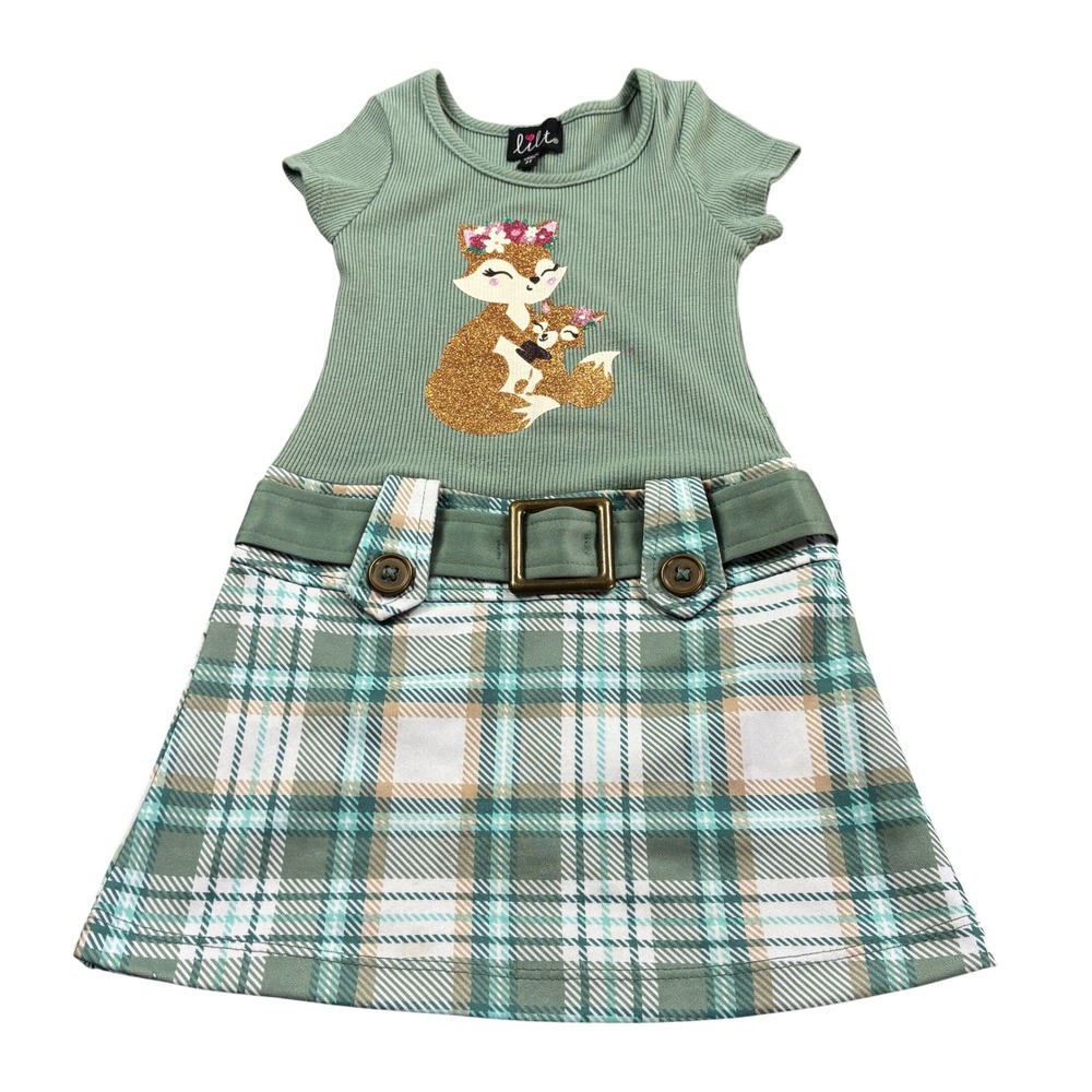 Lilt Girls Sage Green Fox Plaid Belted Dress 2T TD5920N6EP Short Sleeve Ribbed